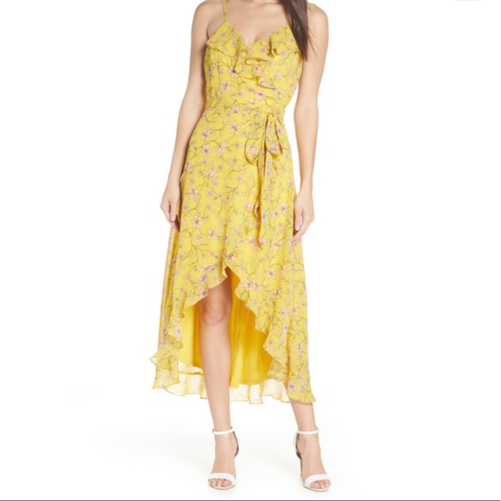 AVEC LES FILLES FLORAL HIGH/LOW WRAP MIDI DRESS IN CANARY YELLOW MULTI